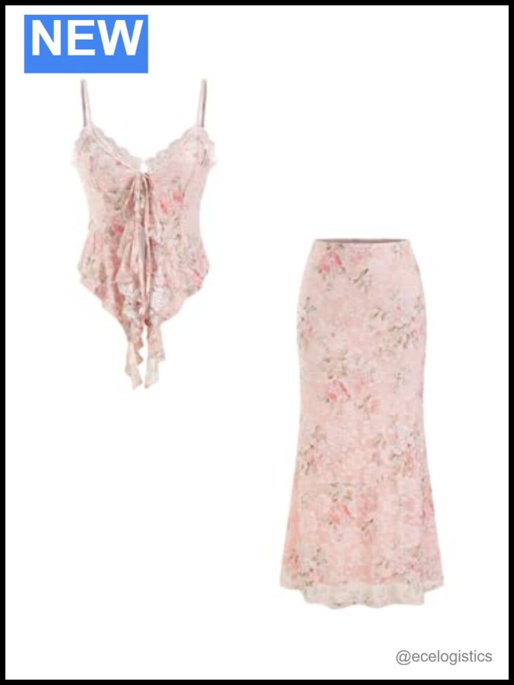 Women's Floral Lace Two-Piece Outfit, Sweetheart Ruffle Tank & Bodycon Midi